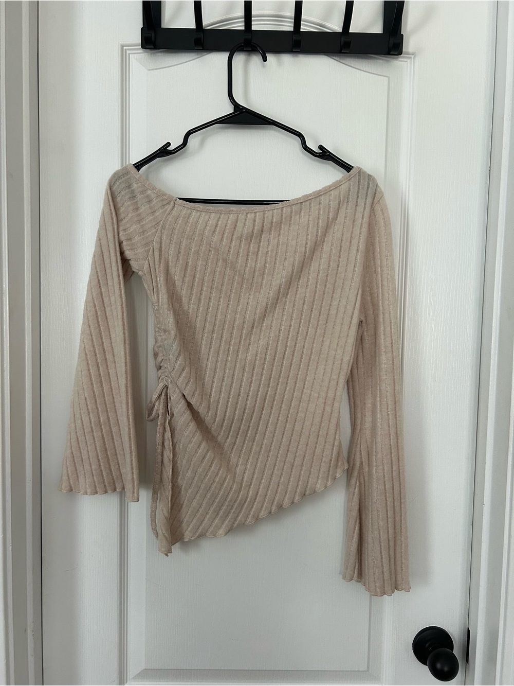 Asymmetrical Ribbed Knit Top in Light Beige